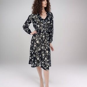 Vintage 70s Black Floral Midi Dress S Whimsygoth Ruffle Collar Dark Academia